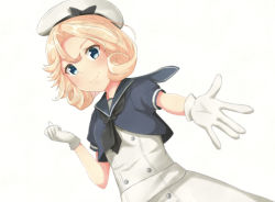 Rule 34 | 1girl, bad id, bad pixiv id, blonde hair, blue eyes, blue sailor collar, blush, closed mouth, dress, gloves, hat, highres, janus (kancolle), kantai collection, ludens (inonaka koubou), reaching, reaching towards viewer, sailor collar, sailor dress, sailor hat, short hair, short sleeves, simple background, smile, solo, upper body, white background, white dress, white gloves, white hat