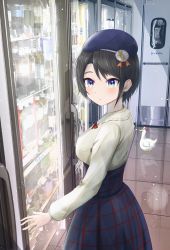 Rule 34 | 1girl, beret, black hair, blue eyes, blue hat, blue skirt, blush, bottle, bow, breasts, commentary request, convenience store, feet out of frame, from side, hat, highres, hololive, long sleeves, looking at viewer, medium breasts, medium hair, oozora subaru, oozora subaru (casual), red bow, shadow, shirt, shop, sidelocks, skirt, soda bottle, solo, standing, subaru duck, swept bangs, tile floor, tiles, virtual youtuber, water bottle, white shirt, zote illust