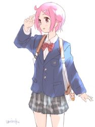 Rule 34 | 1girl, ahoge, backpack, bag, bag charm, blazer, blue jacket, blush, bow, bowtie, charm (object), collared shirt, commentary request, dress shirt, grey skirt, hair ornament, hairclip, hand up, jacket, long sleeves, looking away, looking to the side, nonohara yuzuko, parted lips, pink hair, plaid, plaid skirt, red bow, red bowtie, red eyes, shirt, short hair, signature, simple background, skirt, smile, solo, umiroku, white background, white shirt, yuyushiki