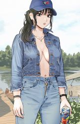 Rule 34 | 1girl, baseball cap, black eyes, black hair, blue sky, boat, bracelet, breasts, brown eyes, brown hair, bush, buttons, can, cleavage, cloud, cowboy shot, crossdressing, day, denim, denim jacket, dock, english text, female focus, forest, giganticbuddha, grass, hat, highres, holding, holding can, jacket, jeans, jewelry, lake, large breasts, leaf, looking at viewer, maple leaf, matching hair/eyes, medium hair, naked jacket, nature, navel, necklace, no bra, open clothes, open jacket, open mouth, original, outdoors, pants, ponytail, sidelocks, sky, solo, standing, toronto blue jays, tree, watch, water, watercraft, wristwatch, zipper, zipper pull tab