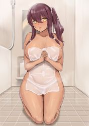 Rule 34 | 1girl, absurdres, bare shoulders, blush, bottle, breasts, brown hair, commentary, covered erect nipples, covering privates, girls&#039; frontline, hair between eyes, highres, interlocked fingers, kuro (zhurunbo1997), large breasts, low tied hair, naked towel, nude cover, own hands together, saiga-12 (girls&#039; frontline), scrunchie, see-through, seiza, side ponytail, sidelocks, sitting, solo, symbol-only commentary, thighs, tile floor, tiles, towel, wet, wet towel, white scrunchie, yellow eyes