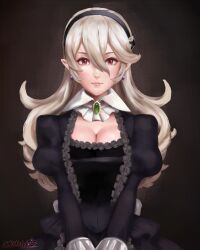 Rule 34 | 1girl, absurdres, alternate costume, ascot, black dress, breasts, brooch, cleavage, commentary, corrin (female) (fire emblem), corrin (fire emblem), dress, english commentary, fire emblem, fire emblem fates, formal, frilled dress, frills, grey hair, hairband, highres, jewelry, long hair, looking at viewer, medium breasts, nintendo, own hands together, pointy ears, puffy sleeves, red eyes, sarukaiwolf, solo, upper body