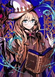 Rule 34 | 1girl, aesc (fate), aesc (rain witch) (fate), black bow, blonde hair, blue background, blue eyes, book, bow, braid, brooch, cloak, fate/grand order, fate (series), floating, floating book, floating object, glasses, hand up, hat, highres, holding, holding staff, jewelry, long hair, looking at viewer, rioka (southern blue sky), round eyewear, single braid, smile, solo, staff, twitter username, white cloak, white hat, witch hat