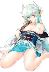 Rule 34 | 1girl, absurdres, aqua hair, aqua kimono, bandaid, bandaid on pussy, barefoot, blush, breasts, cleft of venus, dragon girl, dragon horns, fate/grand order, fate (series), folding fan, hair ornament, hand fan, highres, holding, holding fan, horns, japanese clothes, kimono, kiyohime (fate), long hair, looking at viewer, medium breasts, multiple horns, nipples, open mouth, sash, scan, simple background, sitting, solo, tony taka, white background, yellow eyes