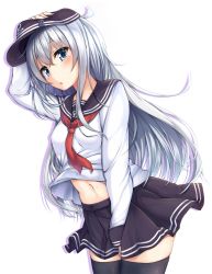 Rule 34 | 1girl, anchor symbol, black thighhighs, blue eyes, blush, breasts, collarbone, eyes visible through hair, flat cap, fukiaki, hand on headwear, hat, hibiki (kancolle), kantai collection, long hair, long sleeves, looking at viewer, navel, neckerchief, open mouth, pleated skirt, red neckerchief, sailor collar, school uniform, serafuku, sidelocks, silver hair, simple background, skindentation, skirt, skirt tug, small breasts, solo, stomach, thighhighs, thighs, white background, wind, wind lift, zettai ryouiki