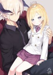 Rule 34 | 1boy, 1girl, 2017, artist name, blonde hair, blue eyes, blush, buttons, capriccio, closed mouth, commentary request, crown, dated, hair between eyes, hibanar, highres, hime-chan to maou, horns, long hair, long sleeves, looking at viewer, mini crown, miniskirt, original, purple eyes, purple skirt, signature, silver hair, sitting, sitting on lap, sitting on person, skirt, smile