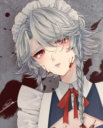 Rule 34 | 1girl, absurdres, artist name, blood, blood on face, blood on wall, blue dress, bow, bowtie, braid, buttons, closed mouth, collared dress, commentary request, dress, female focus, grey background, grey hair, hair between eyes, hair bow, highres, izayoi sakuya, looking at viewer, maid, maid headdress, red bow, red bowtie, red eyes, short hair, short sleeves, solo, souta (karasu no ouchi), teeth, touhou, twin braids, upper body