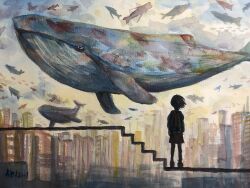 Rule 34 | 1girl, artist name, building, city, cloud, cloudy sky, fantasy, flying whale, keishi (pixiv 1245064), original, outdoors, painting (medium), short hair, silhouette, sky, solo, standing, traditional media, watercolor (medium), whale