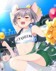 Rule 34 | 1girl, animal ears, ari don, audience, balloon, blush, cheerleader, commission, green skirt, grey hair, highres, holding, miniskirt, mouse ears, mouse girl, mouse tail, nazrin, open mouth, red eyes, skeb commission, skirt, tail, touhou, viewfinder