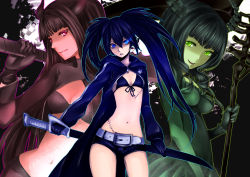 Rule 34 | 10s, 3girls, absurdres, bad id, bad pixiv id, belt, bikini, bikini top only, black gold saw, black hair, black rock shooter, black rock shooter (character), blue eyes, coat, colored eyelashes, curly hair, dead master, gloves, glowing, glowing eyes, green eyes, highres, horns, long hair, midriff, multiple girls, navel, red eyes, roku (hikokeng), scar, scythe, shorts, smile, star (symbol), swimsuit, sword, twintails, uneven twintails, weapon