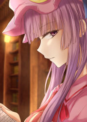 Rule 34 | 1girl, blunt bangs, blurry, book, bookshelf, bow, brown background, commentary request, depth of field, hat, holding, holding book, library, long hair, looking at another, looking at viewer, mob cap, open book, parted lips, patchouli knowledge, pink hat, profile, purple eyes, purple hair, ram hachimin, reading, red bow, red neckwear, sideways glance, solo, touhou, upper body