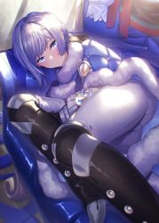 Rule 34 | 1girl, akershus fortress (oshiro project), black gloves, blue eyes, blush, boots, breasts, cape, fur-trimmed cape, fur trim, gloves, ibuki notsu, long sleeves, looking at viewer, oshiro project:re, oshiro project:re, pants, shirt, short hair, sitting, solo, thigh boots, thighhighs, tight clothes, tight pants, white hair, white pants, white shirt