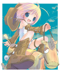 Rule 34 | 1girl, blonde hair, blue eyes, blush, boots, cloud, electromagneticwave, hat, looking at viewer, one-piece swimsuit, open mouth, original, pop, school swimsuit, short hair, sky, smile, solo, swimsuit, white school swimsuit, white one-piece swimsuit