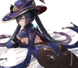 Rule 34 | 1girl, ass, black hair, black pantyhose, blue eyes, breasts, closed mouth, genshin impact, hair between eyes, hat, highres, long hair, looking at viewer, lying, medium breasts, mona (genshin impact), on stomach, pantyhose, purple hat, simple background, solo, the olphy, twintails, white background, witch hat