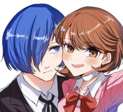 Rule 34 | 1boy, 1girl, black jacket, black ribbon, blue eyes, blue hair, blush, bow, bowtie, brown eyes, brown hair, cardigan, choker, closed mouth, collarbone, collared shirt, commentary request, earrings, gekkoukan high school uniform, hair over one eye, heart, heart choker, jacket, jewelry, looking at another, looking at viewer, neck ribbon, open mouth, persona, persona 3, persona 3 reload, pink cardigan, red bow, red bowtie, ribbed cardigan, ribbon, school uniform, selfie, shirt, short hair, smile, stud earrings, takeba yukari, upper body, white background, white choker, white shirt, yuuki makoto (persona 3), yuyuy 00