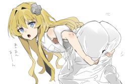 Rule 34 | 1girl, ass, blonde hair, blue eyes, cameltoe, dress, ettone, hair ornament, highres, kisaragi alice, long hair, looking at viewer, open mouth, sentouin hakenshimasu!, simple background, solo, white background, white dress