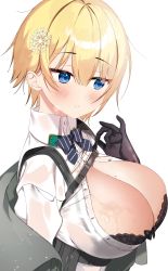 Rule 34 | 1girl, absurdres, ammunition pouch, bad id, bad pixiv id, belt buckle, black bra, black gloves, blonde hair, blue eyes, blue neckwear, blue ribbon, blush, bow, bow bra, bowtie, bra, bra visible through clothes, breasts, buckle, cleavage, collared shirt, girls&#039; frontline, gloves, hair between eyes, hair ornament, harness, highres, jacket, jacket partially removed, lace, lace-trimmed bra, lace trim, large breasts, load bearing vest, looking away, looking to the side, mole, mole on breast, mole under eye, myao (o3o333), off shoulder, open clothes, open mouth, open shirt, pouch, ribbon, ribbon-trimmed bra, see-through, see-through shirt, shirt, short hair, sidelocks, skindentation, snowflake hair ornament, striped bow, striped bowtie, striped clothes, striped neckwear, striped ribbon, sweat, sweatdrop, taut clothes, taut shirt, tsurime, unbuttoned, unbuttoned shirt, underwear, upper body, vsk-94 (girls&#039; frontline), wet, wet clothes, wet shirt, white background, white shirt