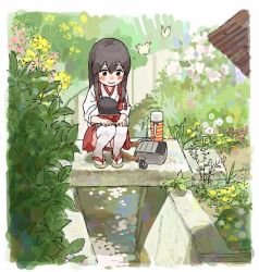 Rule 34 | 1girl, aged down, akagi (kancolle), bag, blush stickers, border, bug, butterfly, commentary request, flower, hakama, hakama short skirt, hakama skirt, insect, japanese clothes, kantai collection, long hair, looking down, plant, sandals, scenery, shijukara (great tit), skirt, squatting, tasuki, thermos, thighhighs, white thighhighs, zouri