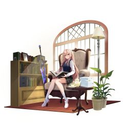 Rule 34 | 1girl, absurdres, black skirt, blonde hair, blue eyes, bookshelf, carlota, chair, collared shirt, counter:side, cup, hairband, highres, indoors, knees together feet apart, lamp, long sleeves, looking at viewer, necktie, official art, on chair, parted lips, plant, potted plant, saucer, shirt, shoes, sitting, skirt, socks, solo, sword, table, teacup, teapot, transparent background, weapon, white footwear, white hairband, white shirt, white socks, window, wooden table
