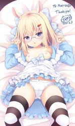 Rule 34 | 1girl, :o, absurdres, animal ear fluff, animal ears, apron, blonde hair, blue bow, blue dress, blue eyes, blush, bow, bow panties, breasts, carrot hair ornament, commentary request, commission, dated, dress, english text, engrish text, feet out of frame, food-themed hair ornament, frilled apron, frills, glasses, grey-framed eyewear, hair between eyes, hair ornament, hairclip, hands up, highres, long sleeves, looking at viewer, lying, maid apron, nipples, on back, original, panties, parted lips, pillow, rabbit ears, ranguage, sakuraba hikaru (loveindog), semi-rimless eyewear, signature, skeb commission, small breasts, solo, striped clothes, striped thighhighs, thank you, thighhighs, under-rim eyewear, underwear, white apron, white panties
