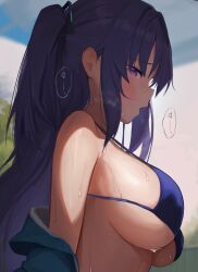 Rule 34 | 1girl, absurdres, bikini, black bikini, blue archive, breasts, dio nand, heavy breathing, highres, large breasts, long hair, looking at viewer, open mouth, purple eyes, purple hair, sideboob, solo, sweat, swimsuit, translation request, two side up, upper body, yuuka (blue archive)