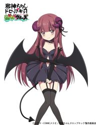 Rule 34 | 1girl, 4frogsinc, black choker, black thighhighs, blush, breasts, brown eyes, brown hair, choker, closed mouth, clothing cutout, collarbone, demon girl, demon horns, demon tail, demon wings, garter straps, hanazono yurine, horns, jashin-chan dropkick, long hair, looking at viewer, navel, navel cutout, simple background, small breasts, smile, solo, tail, thighhighs, white background, wings