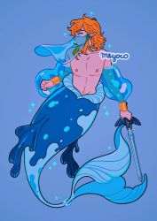 Rule 34 | 1boy, artist name, bad id, bad twitter id, blonde hair, blue background, earrings, fins, holding, holding sword, holding weapon, jewelry, link, male focus, master sword, medium hair, merman, meyoco, monster boy, nintendo, nipples, pointy ears, profile, simple background, solo, sparkle, sword, the legend of zelda, topless male, veil, weapon