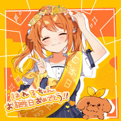 Rule 34 | 1girl, arm up, black dress, blush, bow, closed eyes, commentary request, dog, dress, flower ring, hair ornament, hair scrunchie, hanamaru hareru, hand up, head wreath, highres, indie virtual youtuber, orange background, orange hair, puffy short sleeves, puffy sleeves, sailor collar, scrunchie, short sleeves, smile, solo, striped clothes, striped dress, translation request, twintails, two-tone background, v, vertical-striped clothes, vertical-striped dress, virtual youtuber, white sailor collar, white scrunchie, wrist bow, yellow background, yellow bow, yumesaki nana