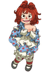 Rule 34 | 1girl, black eyes, blue dress, blush, bow-shaped hair, character doll, doll, dress, english text, female focus, full body, heart, jcm2, looking at viewer, open mouth, pantyhose, raggedy ann, raggedy ann (series), red hair, short hair, simple background, solo, standing, striped clothes, striped legwear, striped pantyhose, stuffed toy, white background