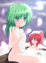 Rule 34 | 2girls, bath, blush, breasts, closed eyes, completely nude, covering privates, covering breasts, female focus, gradient background, green eyes, green hair, hitodama, mille, multiple girls, nude, nude cover, object on head, onozuka komachi, red hair, shiki eiki, short hair, touhou, towel
