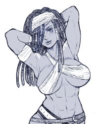 Rule 34 | 1girl, ;), abs, anchor tattoo, armpits, arms up, bandaged arm, bandages, bare shoulders, beads, belt, belt skirt, blue theme, breasts, criss-cross halter, dark-skinned female, dark skin, darli dagger, greyscale, hair beads, hair ornament, hair tubes, dreadlocks, halterneck, hands in hair, headband, highres, large breasts, lips, looking at viewer, monochrome, multiple belts, navel, one eye closed, samurai spirits, shoulder tattoo, smile, solo, standing, tattoo, toned, underboob, white background, wikipetan