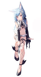 Rule 34 | 1girl, animal ears, bare shoulders, black footwear, blue hair, breasts, cat ears, detached sleeves, fishnet legwear, fishnets, flower, full body, hair flower, hair ornament, highres, long hair, long sleeves, looking at viewer, low twintails, microskirt, midriff, mishuo (misuo69421), navel, no bra, original, purple eyes, revealing clothes, shoes, simple background, skirt, small breasts, smile, solo, stomach, thighs, twintails, white background, wide sleeves