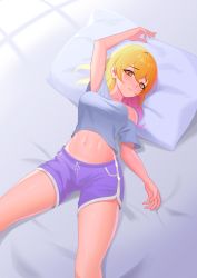 Rule 34 | 1girl, arm up, blonde hair, breasts, commission, highres, lying, maribel hearn, medium breasts, medium hair, midriff, navel, off shoulder, on back, on bed, pillow, purple shorts, recare, shirt, shorts, solo, t-shirt, touhou, yellow eyes
