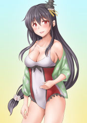 Rule 34 | 1girl, anti (untea9), aqua background, black hair, blush, breasts, casual one-piece swimsuit, cleavage, collarbone, commission, covered navel, cowboy shot, flower, fusou (kancolle), gradient background, green jacket, hair between eyes, hair flower, hair ornament, highres, jacket, kantai collection, long hair, looking at viewer, low-tied long hair, official alternate costume, one-piece swimsuit, open mouth, pixiv commission, red eyes, red one-piece swimsuit, smile, solo, swimsuit, twitter username, two-tone background, two-tone swimsuit, white one-piece swimsuit, yellow background