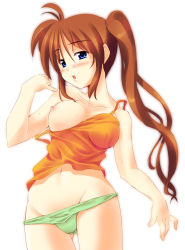 Rule 34 | 00s, 1girl, blue eyes, breast slip, breasts, brown hair, clothes pull, colorized, highres, iga tamaki, large breasts, long hair, lyrical nanoha, mahou shoujo lyrical nanoha, mahou shoujo lyrical nanoha strikers, nipples, one breast out, orange shirt, panties, panty pull, purple eyes, shirt, shirt pull, side ponytail, solo, takamachi nanoha, tank top, underwear