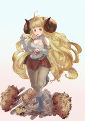 Rule 34 | 1girl, ahoge, alternate costume, anila (granblue fantasy), bag, bare shoulders, blonde hair, blunt bangs, boots, breasts, brown pantyhose, casual, cleavage, curled horns, draph, food, fur trim, gitai (gitai nofigure), granblue fantasy, highres, horns, large breasts, long hair, meme attire, miniskirt, mouth hold, open-chest sweater, pantyhose, pleated skirt, pocky, satchel, skirt, solo, sweater, thick eyebrows, very long hair, wavy hair, yellow eyes