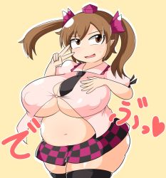 Rule 34 | 1girl, big belly, black thighhighs, breast suppress, breasts, brown eyes, brown hair, bursting breasts, checkered clothes, checkered skirt, cleavage, collared shirt, covered erect nipples, d:, fat, hand on breast, hat, himekaidou hatate, huge breasts, looking at viewer, manorea, miniskirt, navel, necktie, nervous, open mouth, pointy ears, shiny skin, shirt, skirt, solo, sweat, thighhighs, tokin hat, touhou, tsurime, twintails, undersized clothes, v, zettai ryouiki