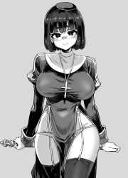 Rule 34 | 1girl, asanagi, breasts, catholic, cross, cross necklace, crucifix, garter belt, garter straps, glasses, greyscale, habit, hat, highres, jewelry, large breasts, latin cross, looking at viewer, mole, mole under eye, monochrome, necklace, nun, original, panties, panties over garter belt, robe, smile, solo, thick eyebrows, thighhighs, underwear