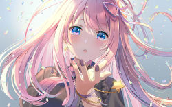 Rule 34 | 1girl, :o, black capelet, blue eyes, blush, capelet, commentary request, crying, crying with eyes open, earrings, hair ribbon, hand up, jewelry, long hair, looking at viewer, nail polish, original, parted lips, pink hair, purple nails, purple ribbon, ribbon, solo, star (symbol), star earrings, tears, upper body, yuuka nonoko