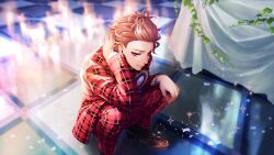 Rule 34 | 1boy, ace trappola, brown footwear, buttoned cuffs, buttons, game cg, highres, indoors, jacket, looking at viewer, medium hair, official alternate costume, official art, orange hair, pants, plaid, plaid jacket, plaid pants, red eyes, red jacket, red pants, shoes, slav squatting, solo, squatting, twisted wonderland