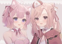 Rule 34 | 2girls, ahoge, aisu koffie, animal ear fluff, animal ears, blush, bow, breasts, capelet, cat ears, cleavage cutout, clothing cutout, collarbone, dress, hair bow, halter dress, halterneck, hat, heart, heart ahoge, highres, indie virtual youtuber, looking at viewer, medium breasts, mini hat, mole, mole on breast, multiple girls, nini yuuna, nini yuuna (2nd costume), open mouth, pink dress, pink eyes, pink hair, ponytail, red capelet, roku 6, second-party source, shirt, small breasts, smile, striped, striped bow, virtual youtuber, white shirt
