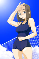Rule 34 | 00s, 1girl, :o, arm up, blue eyes, breasts, brown hair, cameltoe, cleavage, cloud, curvy, day, fence, fingernails, glasses, kamichu!, large breasts, lens flare, long fingernails, looking at viewer, one-piece swimsuit, open mouth, outdoors, school swimsuit, shading eyes, shijou mitsue, short hair, sideboob, sky, solo, standing, sun, surprised, swimsuit, wide hips, yamaguchi homupe