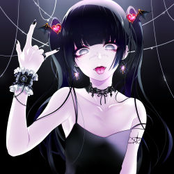 Rule 34 | 1girl, black hair, black nails, body mod, body modification, collarbone, earrings, flat chest, forked tongue, goth fashion, gothic, gothic lolita, grey eyes, haiso o, highres, jewelry, lolita fashion, long hair, looking at viewer, makeup, nail polish, open mouth, original, piercing, ring, scar, scar on face, solo, teeth, tongue, tongue out, tongue piercing, twintails