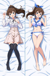 bikini blue_eyes blush breasts brown_hair cleavage dakimakura_(medium) feet idolmaster idolmaster_million_live! idolmaster_million_live!_theater_days lying midriff navel on_back open_mouth ponytail rocktaso_co_ltd sailor_bikini sailor_collar satake_minako skirt swimsuit thighhighs toes