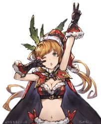 Rule 34 | 10s, 1girl, ;o, benitama, black gloves, blonde hair, blush, breasts, cape, clarisse (granblue fantasy), cleavage, double v, female focus, gloves, granblue fantasy, green eyes, hat, heart, large breasts, long hair, looking at viewer, midriff, navel, one eye closed, open mouth, santa hat, simple background, solo, v, white background