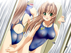 Rule 34 | 1girl, ass, blush, breasts, brown hair, clockup, competition swimsuit, curtains, covered erect nipples, game cg, green eyes, large breasts, long hair, mirror, one-piece swimsuit, presence, reflection, sasakawa ai, solo, swimsuit, takapiko, thigh gap, thighs, third-party edit