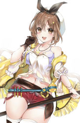 Rule 34 | atelier (series), atelier ryza, atelier ryza 1, bare shoulders, belt, blue belt, bow, brown belt, brown eyes, brown gloves, brown hair, flask, gloves, hair bow, hair ornament, hairclip, hat, highres, jacket, jewelry, leather, leather belt, leather gloves, looking at viewer, necklace, open mouth, red shorts, reisalin stout, round-bottom flask, short hair, short shorts, shorts, single glove, sleeveless, sleeveless jacket, star (symbol), star necklace, yellow jacket, yukineko1018