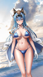 1girl absurdres bare_legs bikini blue_bikini blue_eyes blue_hair blue_sky breasts commentary_request consome_(consome_kitchen) gloves goddess_of_victory:_nikke hat helm_(aqua_marine)_(nikke) helm_(nikke) highres jacket large_breasts legs long_hair naval_jacket navel ocean official_alternate_costume sky solo stomach swimsuit white_gloves white_hat white_jacket