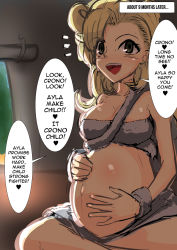 Rule 34 | 1girl, ayla (chrono trigger), breasts, chrono trigger, dai, female focus, highres, impregnation, indoors, large breasts, navel, pregnant, sitting, skirt, solo, tagme