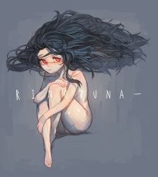 Rule 34 | 1girl, artist name, black hair, bright pupils, floating hair, full body, grey background, highres, invisible chair, knees up, long hair, nude, original, red eyes, rinotuna, shadow, sitting, solo, white pupils